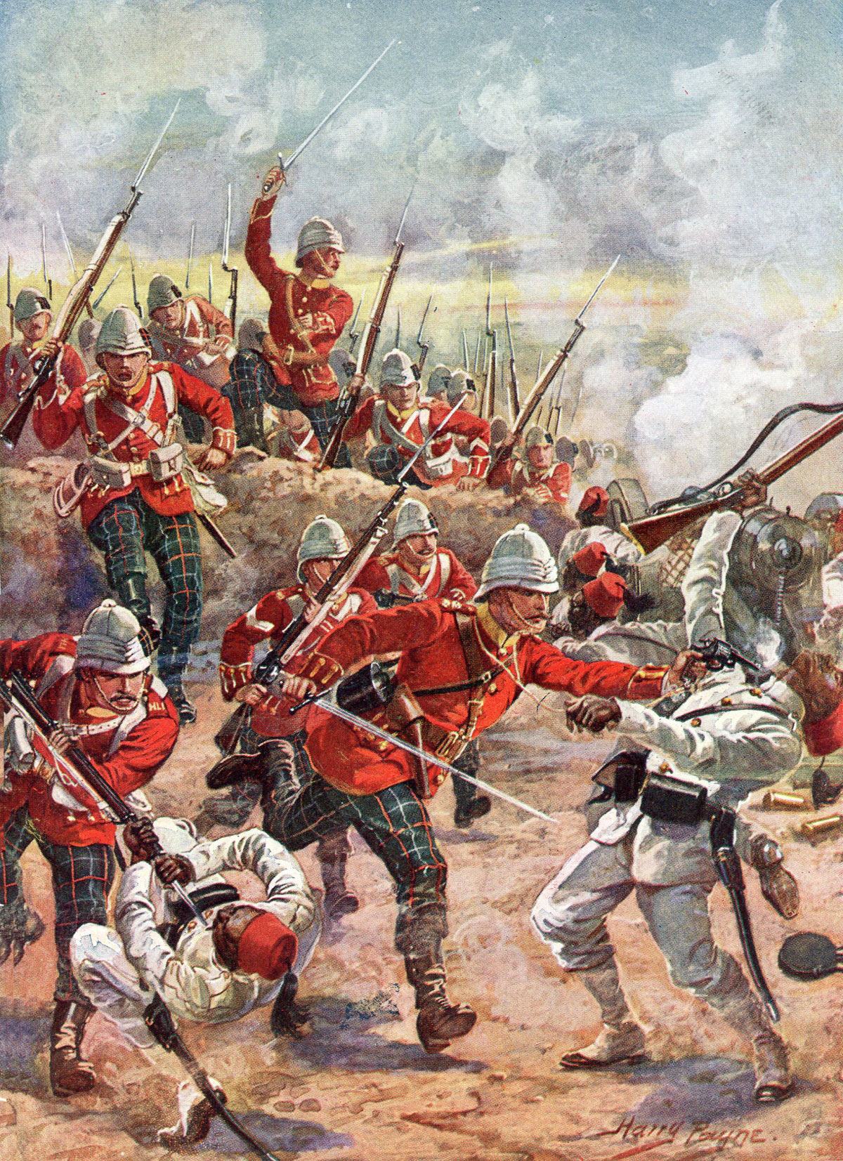 Highland Light Infantry assaulting the Egyptian entrenchments at the Battle of Tel-el-Kebir on 13th September 1882 in the Egyptian War: picture by Harry Payne