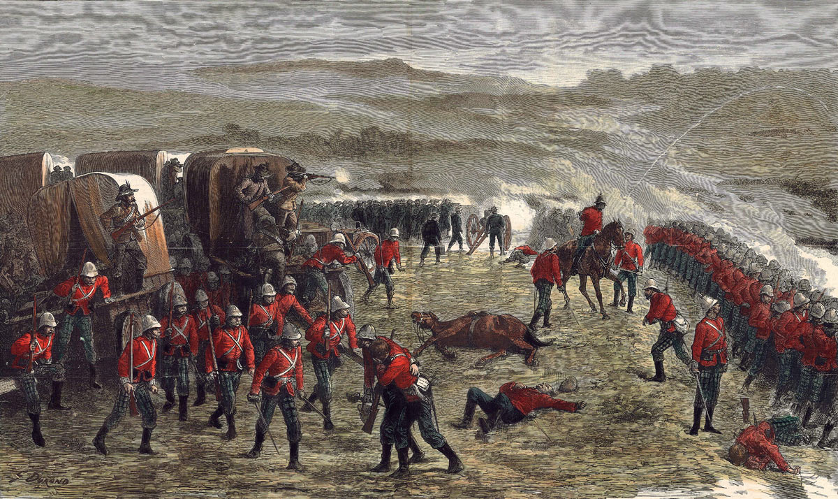 91st Highlanders in the British square at the Battle of Gingindlovu on 2nd April 1879 in the Zulu War with the 60th Rifles in the background and a Gatling Gun and Rocket Trough in the corner of the Square