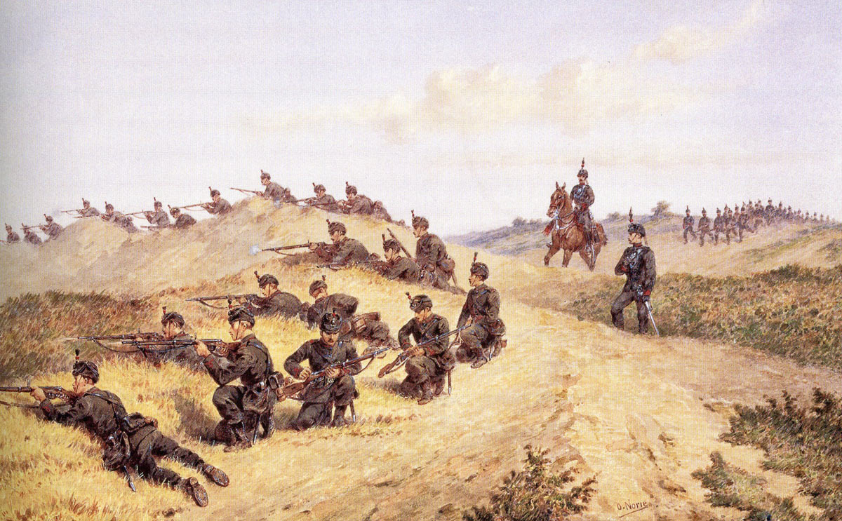 King's Royal Rifle Corps on exercise in England: Battle of Tamai on 13th March 1884 in the Sudanese War: picture by Orlando Norie
