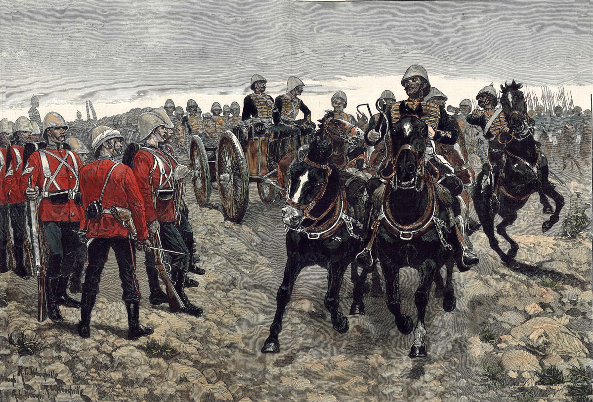 66th Regiment and E/B Battery Royal Horse Artillery at the beginning of the Battle of Maiwand on 26th July 1880 in the Second Afghan War: picture by Richard Caton Woodville