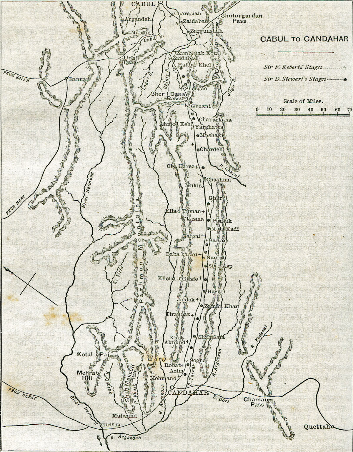Map showing the routes of General Stewart and General Roberts between Kabul and Kandahar in the Second Afghan War