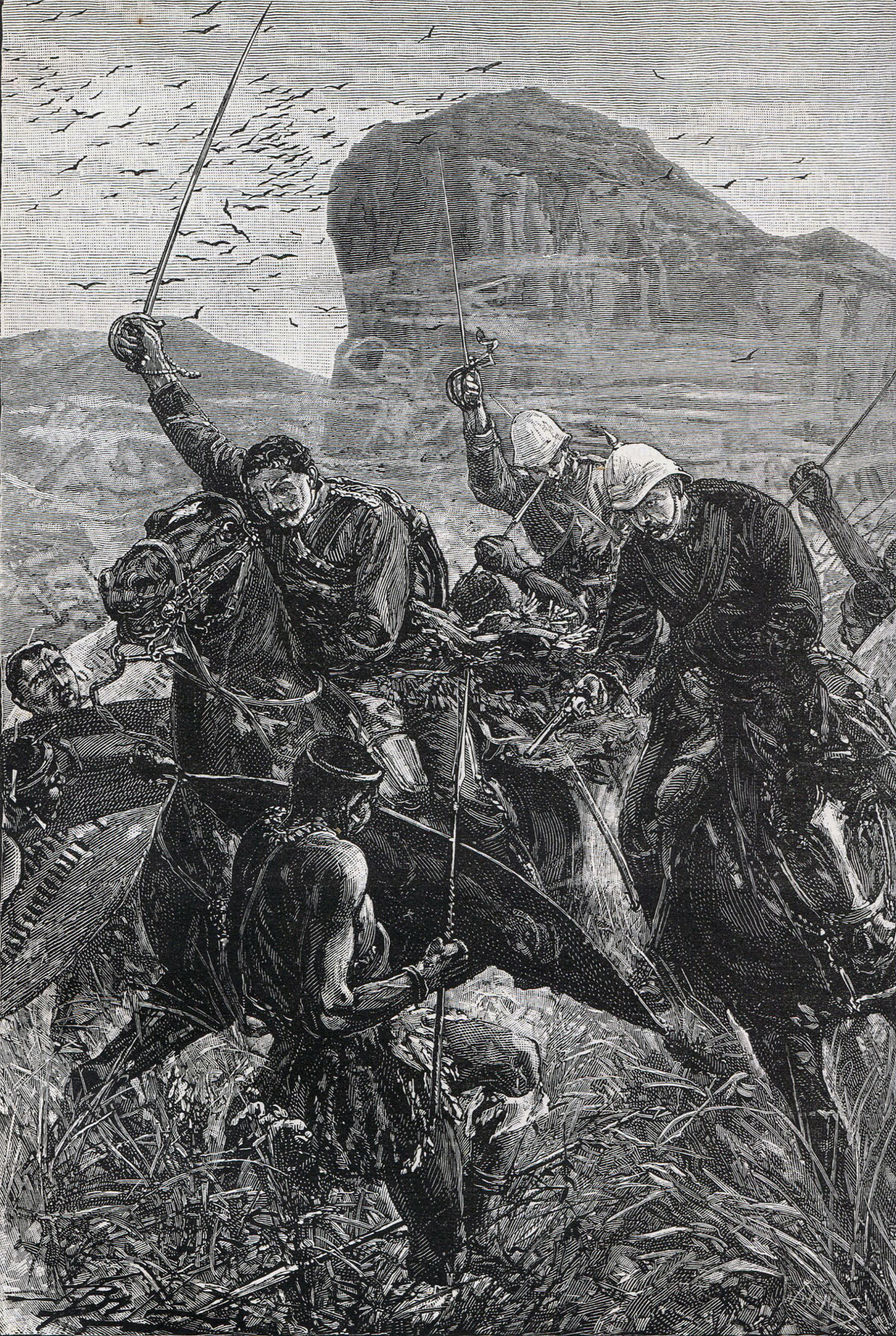 The escape of Lieutenants Melville and Coghill with the Queen's Colour of the 24th Regiment at the Battle of Isandlwana on 22nd January 1879 in the Zulu War