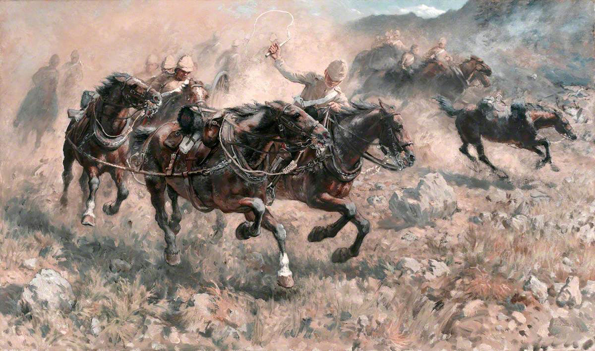 Saving the guns at the Battle of Maiwand on 26th July 1880 in the Second Afghan War: picture by James Prinsep Beadle