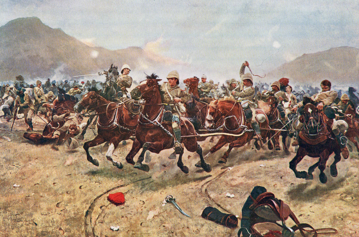 Saving the guns: E/B Battery Royal Horse Artillery at the Battle of Maiwand on 26th July 1880 in the Second Afghan War: picture by Richard Caton Woodville