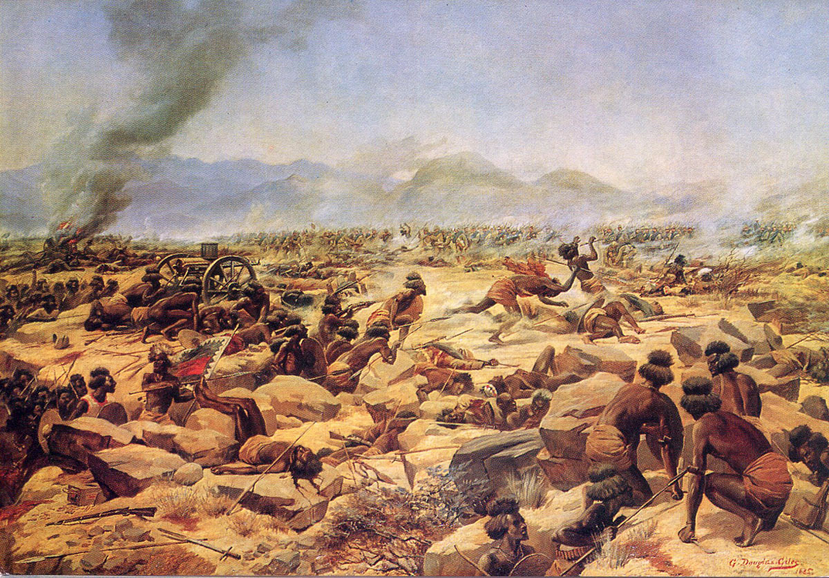 The Mahdists with the captured Gatling and Gardiner guns at the Battle of Tamai on 13th March 1884 in the Sudanese War: picture by Douglas Giles