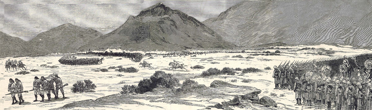 The two British Brigade Squares at the Battle of Tamai on 13th March 1884 in the Sudanese War: two newspaper correspondents are riding from the rear square to the leading square