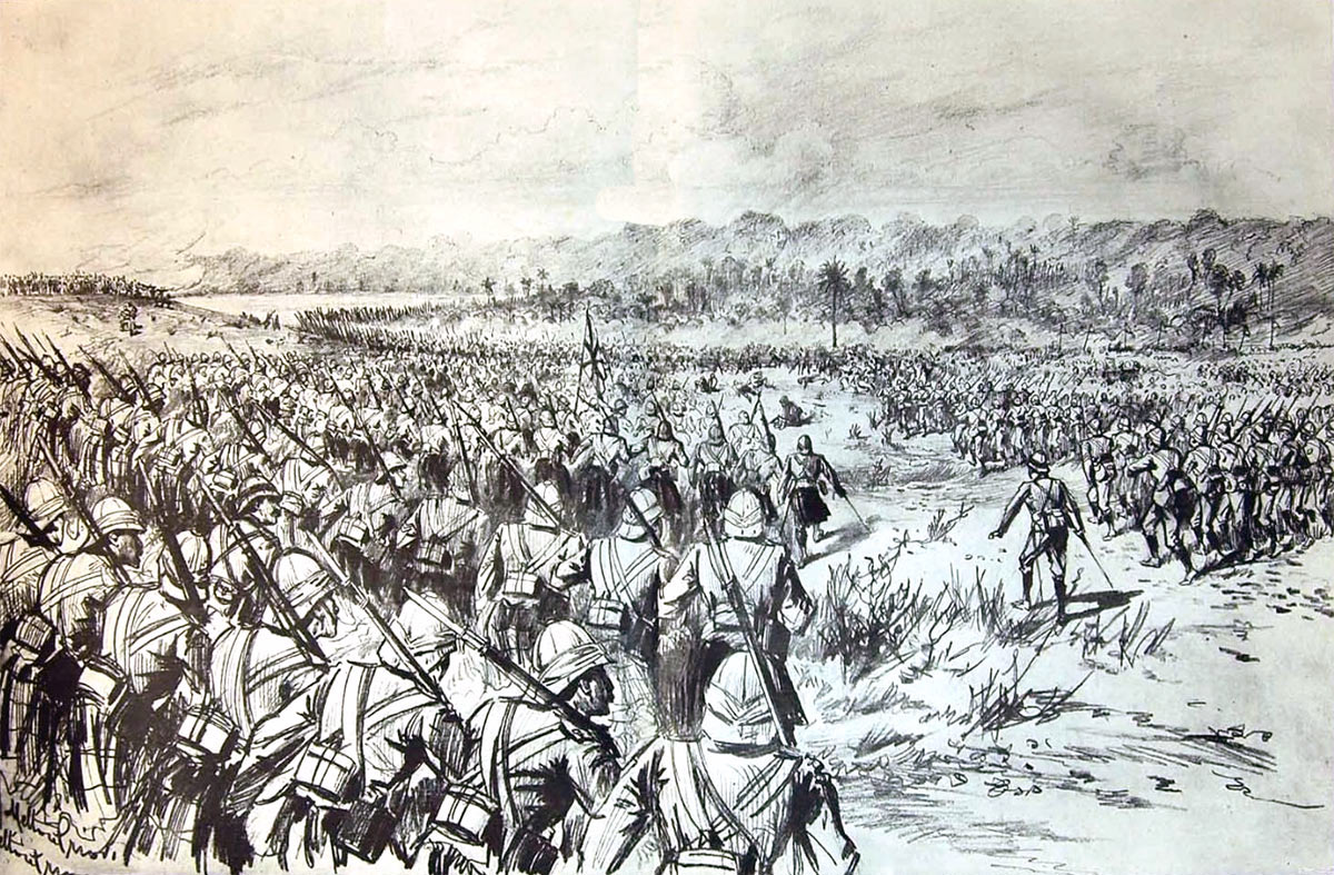 The British brigade advancing at the Battle of Atbara on 8th April 1898 in the Sudanese War