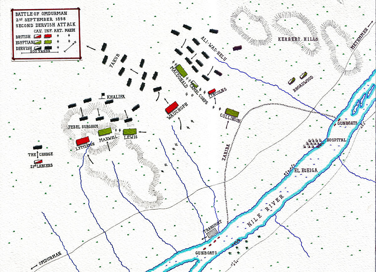 Map showing the second Dervish attack at the Battle of Omdurman on 2nd September 1898: map by John Fawkes