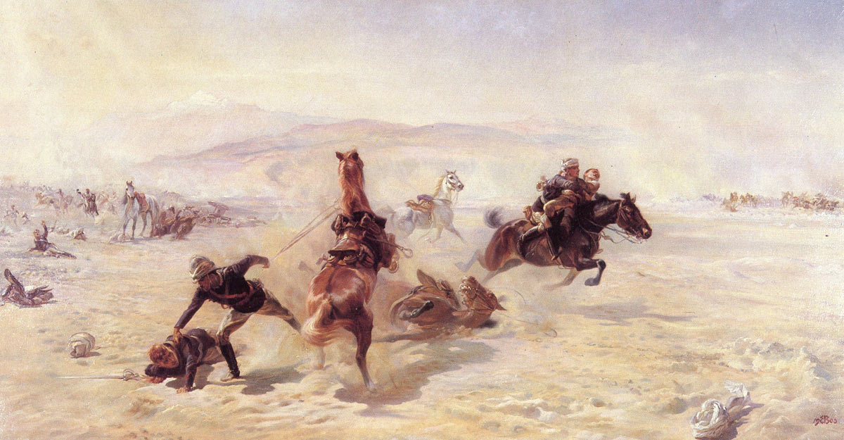 Saving the wounded at the Battle of Maiwand on 26th July 1880 in the Second Afghan War: picture by Lady Butler