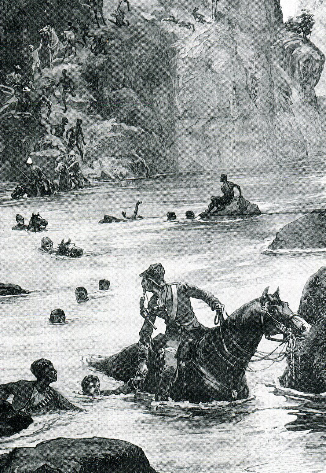 British troops escaping across the Tugela River after the Battle of Isandlwana on 22nd January 1879 in the Zulu War
