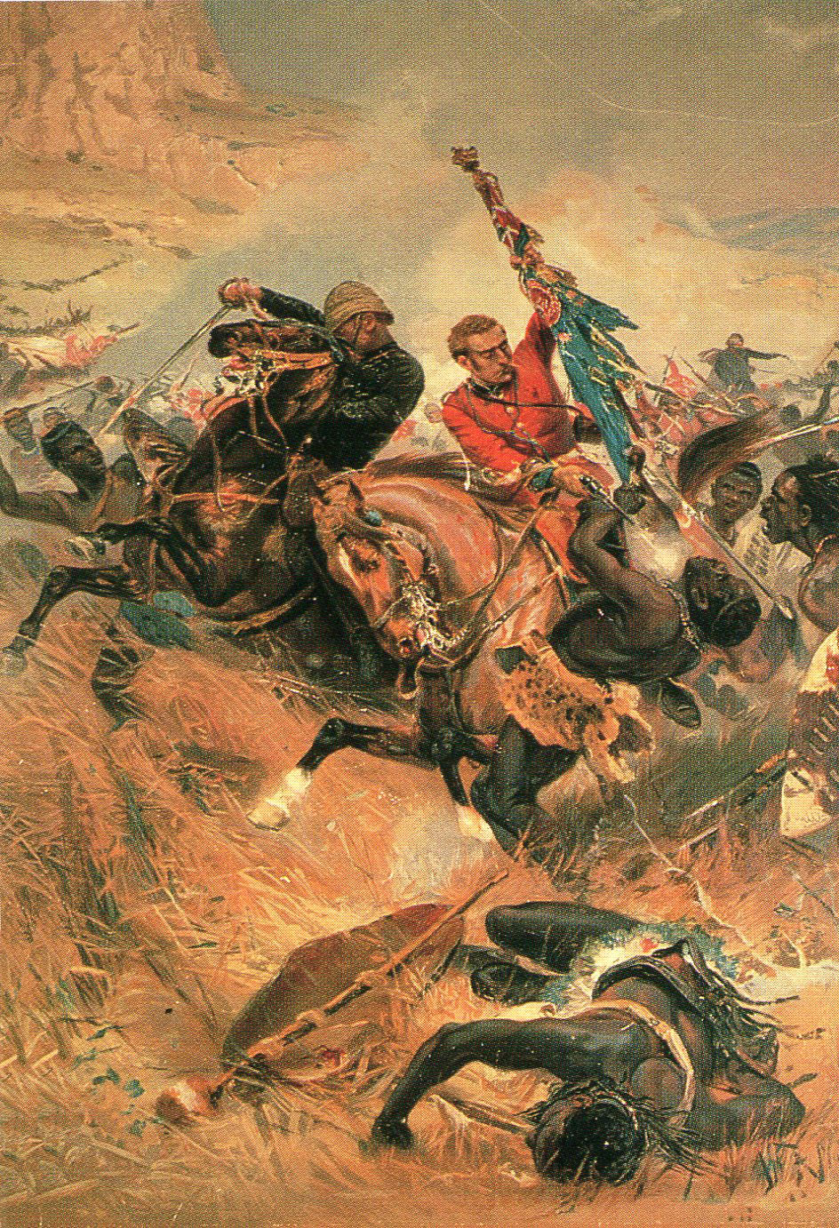 Lieutenants Melville and Coghill rescue the colour of the 24th Regiment at the Battle of Isandlwana on 22nd January 1879 in the Zulu War: picture by Alphonse de Neuville