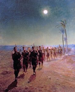 'Lament in the Desert': Queen's Own Cameron Highlanders burying their casualties: Battle of Atbara on 8th April 1898 in the Sudanese War: picture by Lady Butler