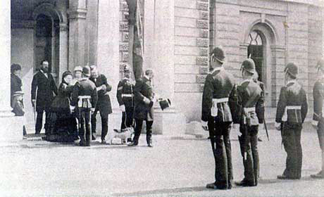 Queen Victoria presenting campaign medals to soldiers of the 66th and to 'Bobbie the Dog': Battle of Maiwand on 26th July 1880 in the Second Afghan War