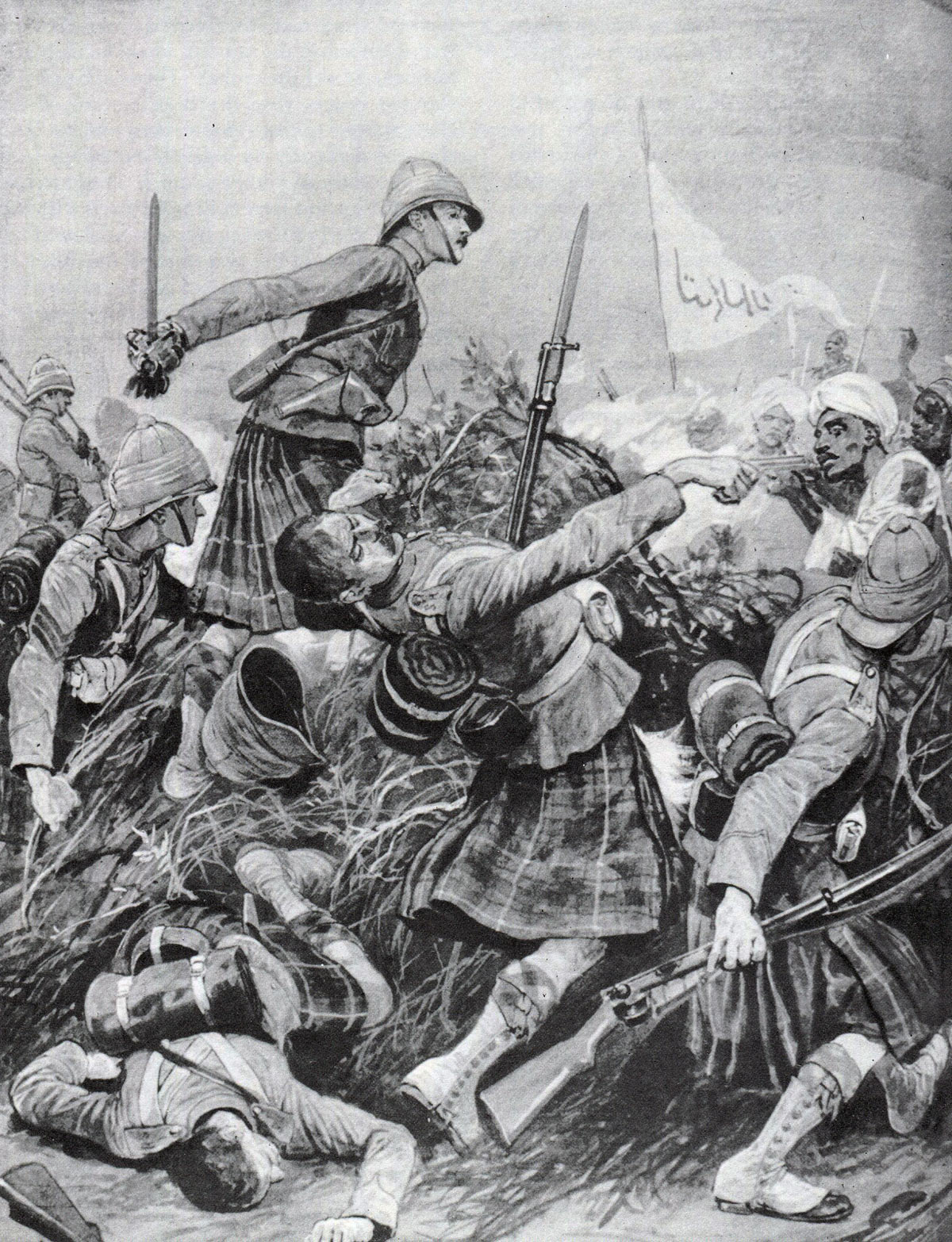 Seaforth Highlanders storming the Dervish zeriba at the Battle of Atbara on 8th April 1898 in the Sudanese War: print by Richard Caton Woodville