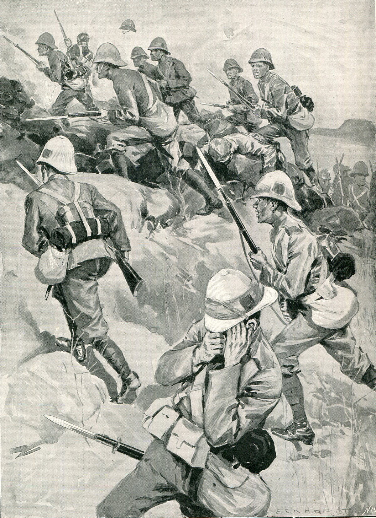 Durham Light Infantry storming Val Krantz: Battles of Val Krantz and Pieters 5th to 28th February 1900 in the Great Boer War: picture by Oscar Eckhardt