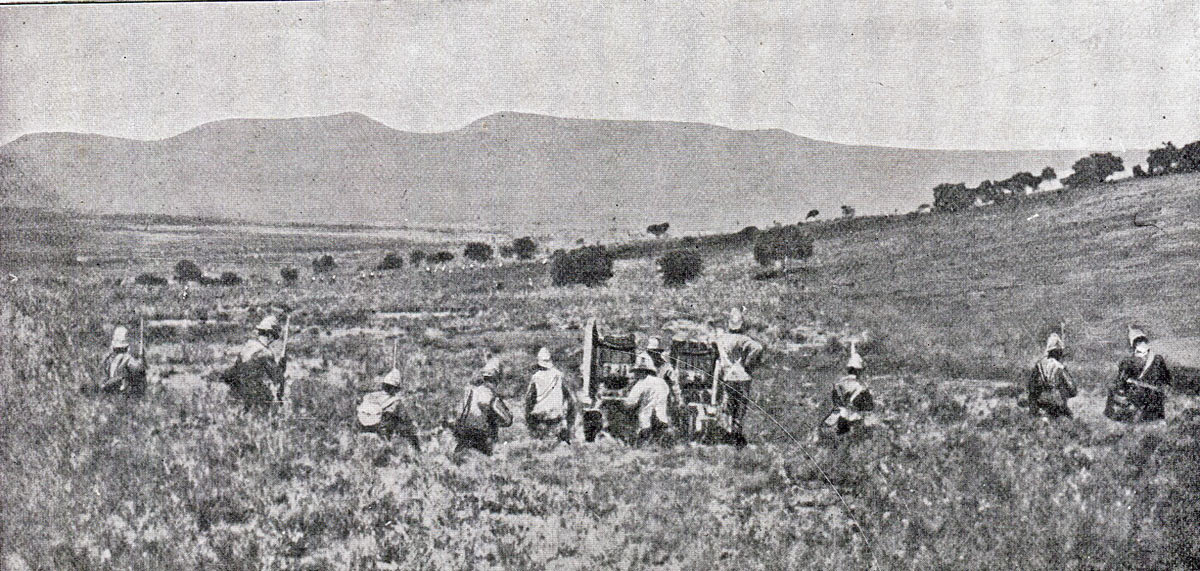 1st Durham Light Infantry moving through the gun line to attack Val Krantz: Battles of Val Krantz and Pieters 5th to 28th February 1900 in the Great Boer War