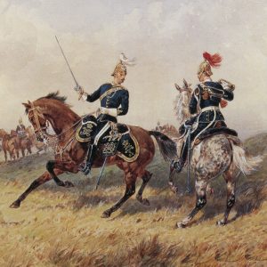 6th Dragoon Guards, Carabiniers, in Home Service Uniform: Battle of Paardeburg on 27th February 1900 in the Great Boer War: picture by Orlando Norie