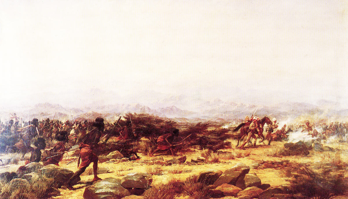 'An incident at the Battle of Tamai, Eastern Sudan, March 13, 1884': picture showing Lieutenant Tarling winning the VC by rescuing Private Morley of the Mounted Infantry: picture by Major Godfrey Douglas Giles