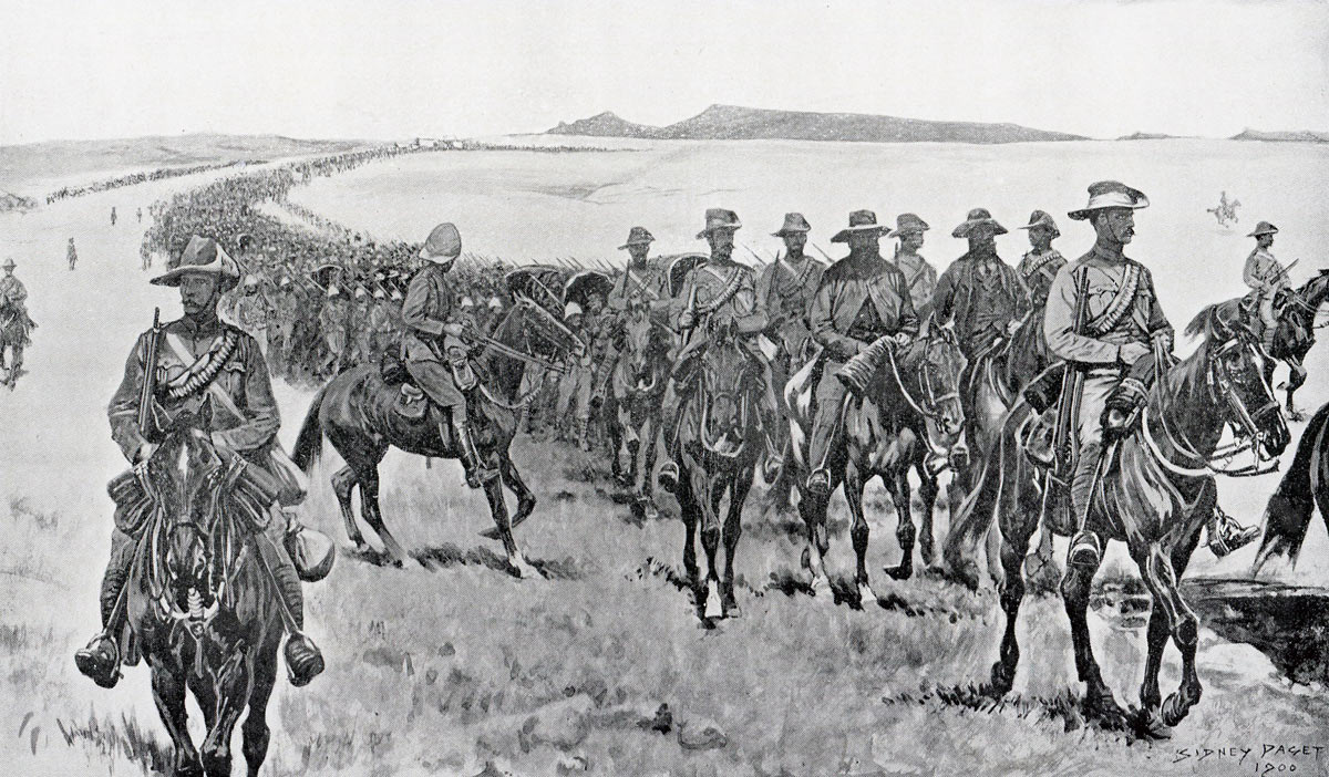 Escorted Boer prisoners heading south after the Battle of Paardeburg on 27th February 1900 in the Great Boer War: picture by Sidney Paget
