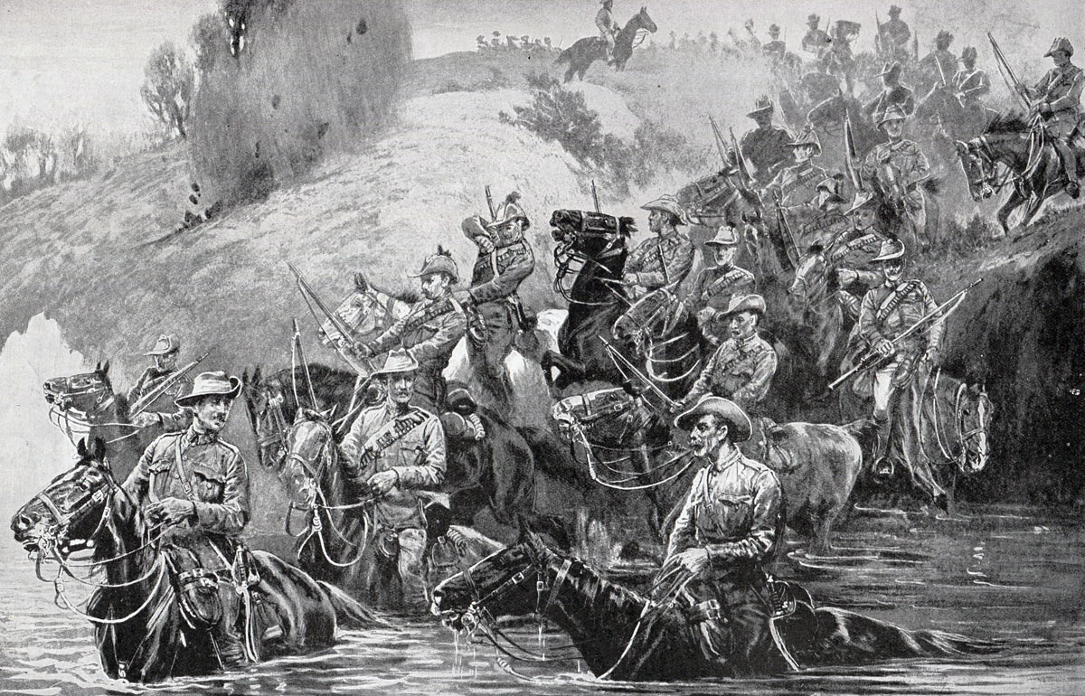 Colonials crossing a spruit under fire: Battles of Val Krantz and Pieters 5th to 28th February 1900 in the Great Boer War: picture by John Charlton