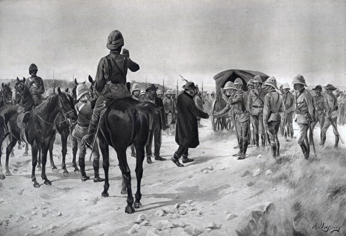 Piet Cronje, Boer Commander, surrenders to Lord Roberts at the Battle of Paardeburg on 27th February 1900 in the Great Boer War: picture by Henri Dupray: buy this picture
