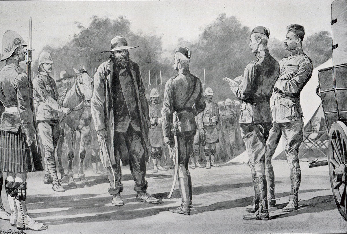 Piet Cronje, Boer Commander, surrenders to Lord Roberts at the Battle of Paardeburg on 27th February 1900 in the Great Boer War: picture by Richard Caton Woodville
