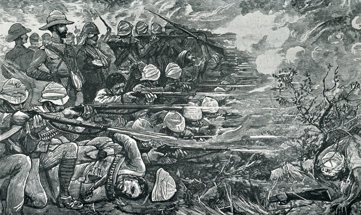 British volley firing at Gubat or Abu Kru, two days after the Battle of Abu Klea on 17th January 1885 in the Sudanese WarBritish volley firing at Gubat or Abu Kru, two days after the Battle of Abu Klea on 17th January 1885 in the Sudanese War