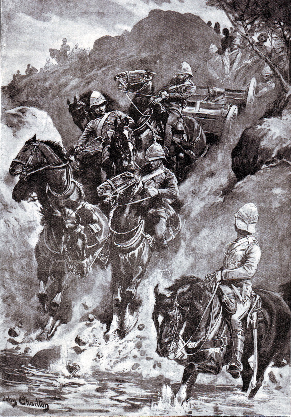 Gunners descending into a spruit during the Battle of Paardeburg on 27th February 1900 in the Great Boer War: picture by John Charlton: buy this picture
