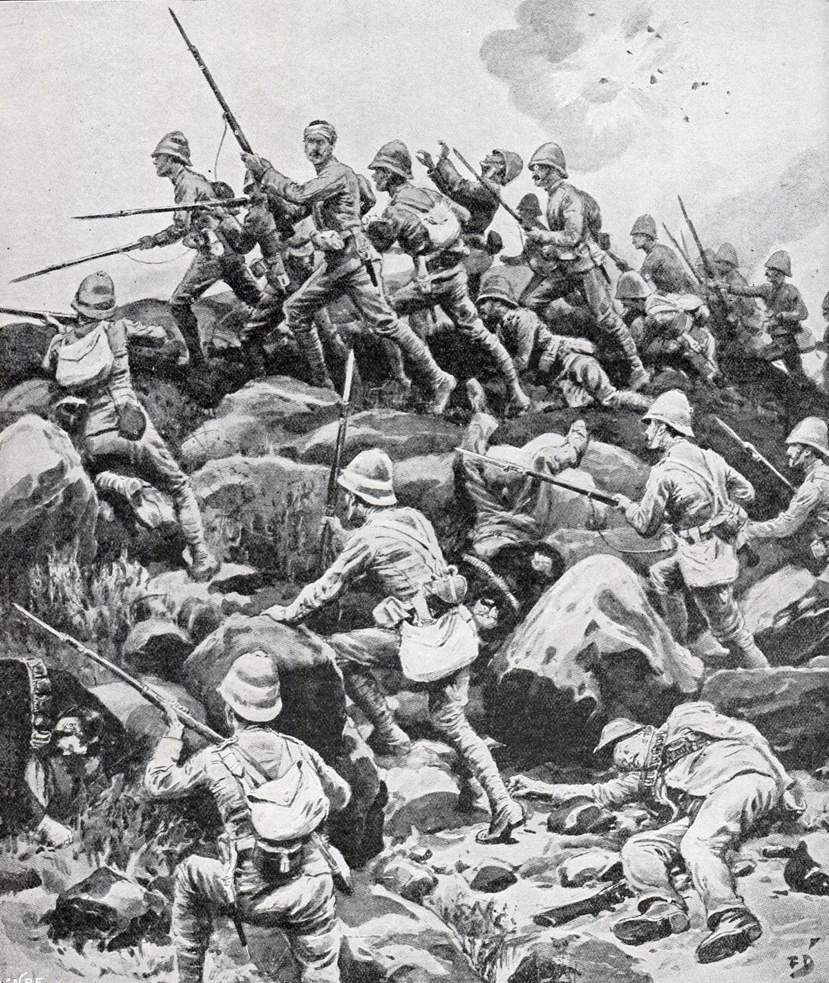 King's Royal Lancasters storming Pieters Hill: Battles of Val Krantz and Pieters 5th to 28th February 1900 in the Great Boer War: picture by F Dadd
