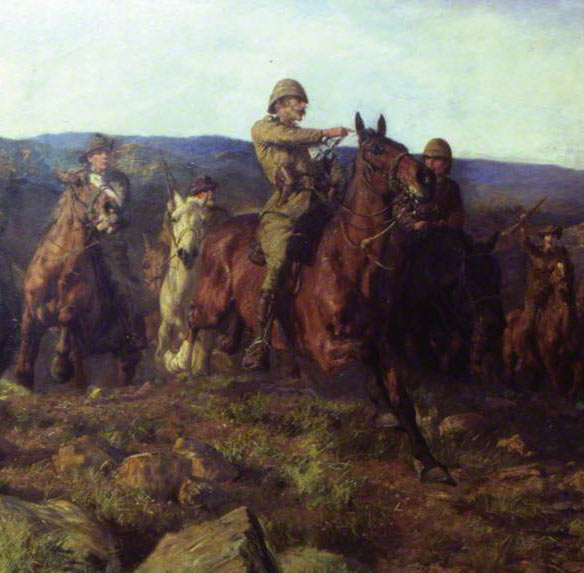Lord Dundonald's cavalry pursuing the Boers at the end of the Battles of Val Krantz and Pieters 5th to 28th February 1900 in the Great Boer War: picture by Lucy Kemp-Welch: buy this picture