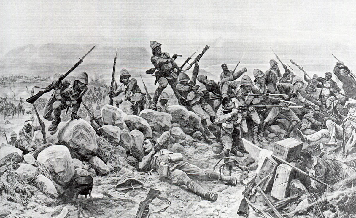 'My Brave Irish': Royal Irish Fusiliers storm Boer positions: Battles of Val Krantz and Pieters 5th to 28th February 1900 in the Great Boer War: picture by Richard Caton Woodville