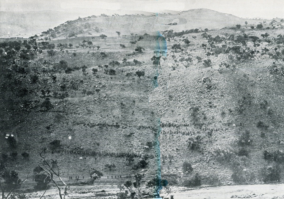 British Sixth Brigade climbing Pieters: Battles of Val Krantz and Pieters 5th to 28th February 1900 in the Great Boer War