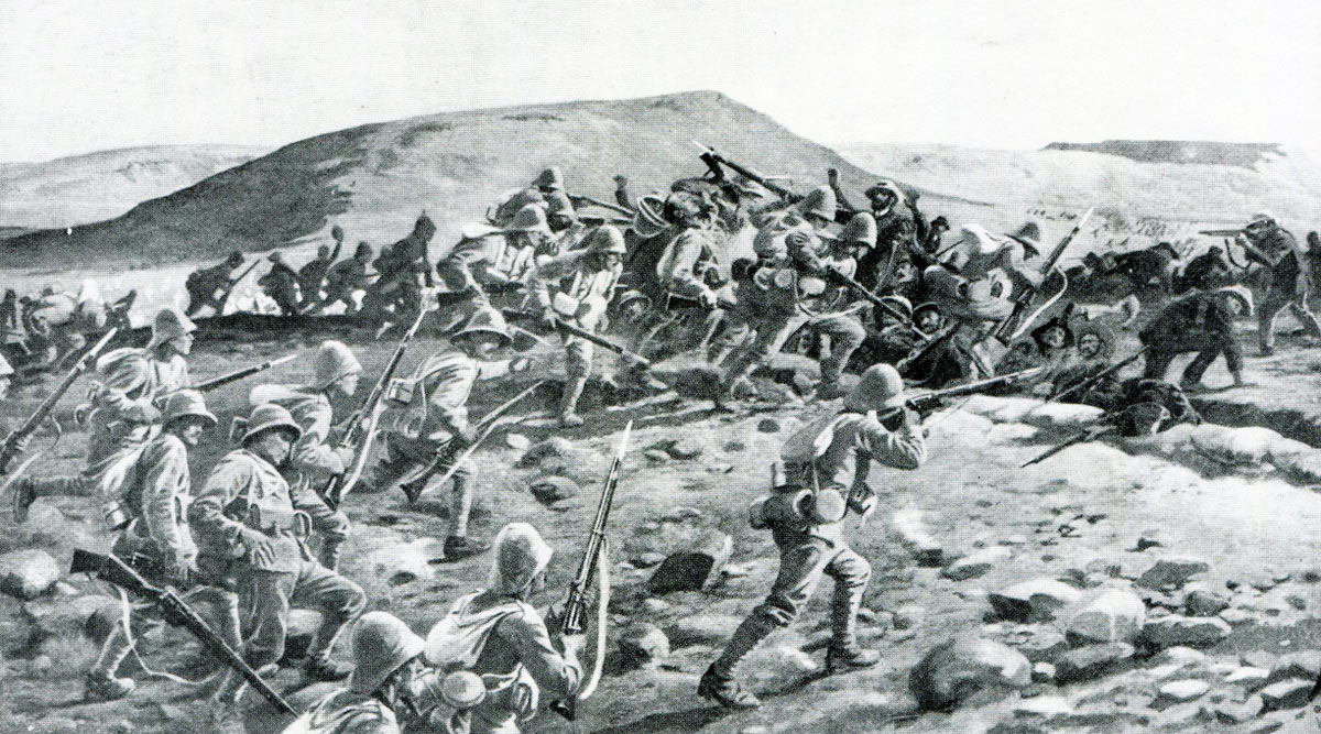 1st South Lancashires storming Pieters Hill: Battles of Val Krantz and Pieters 5th to 28th February 1900 in the Great Boer War: picture by William Barnes Wollen