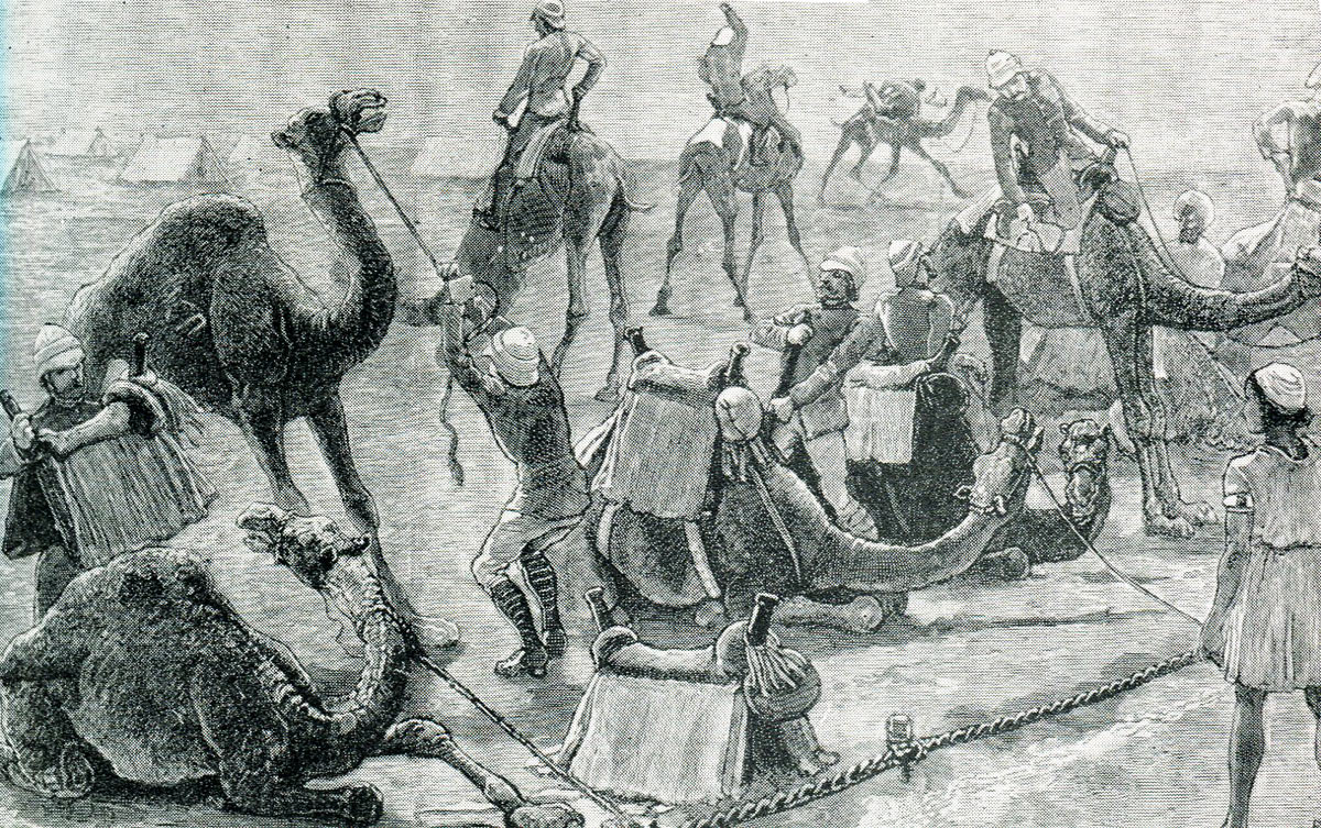 British Camel Corps mastering their new mounts: Battle of Abu Klea on 17th January 1885 in the Sudanese War