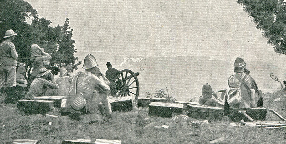 British guns firing on Val Krantz: Battles of Val Krantz and Pieters 5th to 28th February 1900 in the Great Boer War