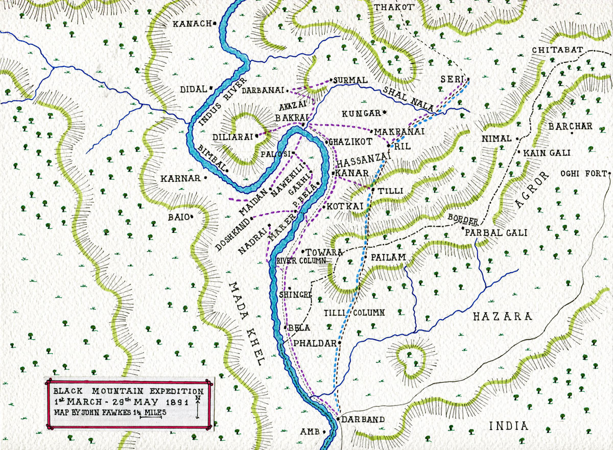 Map of the Black Mountain Expedition, 1st March 1891 to 29th May 1891 on the North-West Frontier in India: map by John Fawkes