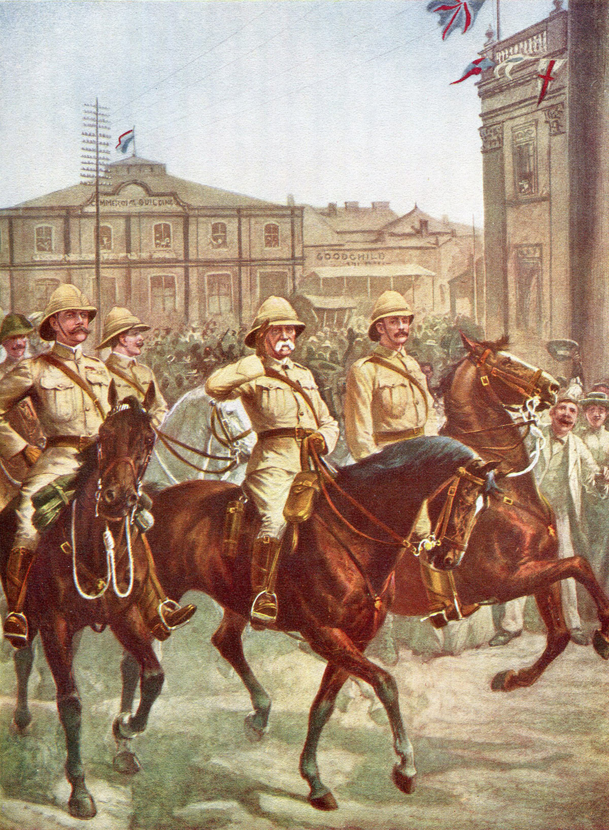 Lord Roberts and Lord Kitchener marching through Kimberley after the Siege of Kimberley, 14th October 1899 to 15th February 1900 during the Great Boer War