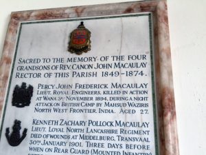 Memorial in St. Cuthbert's Church, Aldingham, Cumbria, to Lieutenant Percy Macaulay, Royal Engineers, killed at Wana Camp, 3rd November 1894, Waziristan, on the North-West Frontier of India