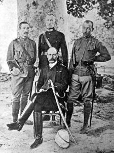 Surgeon Major Robertson (seated) with Lieutenants Harley, Gurdon and Captain Townsend: Siege and Relief of Chitral, 3rd March to 20th April 1895 on the North-West Frontier of India