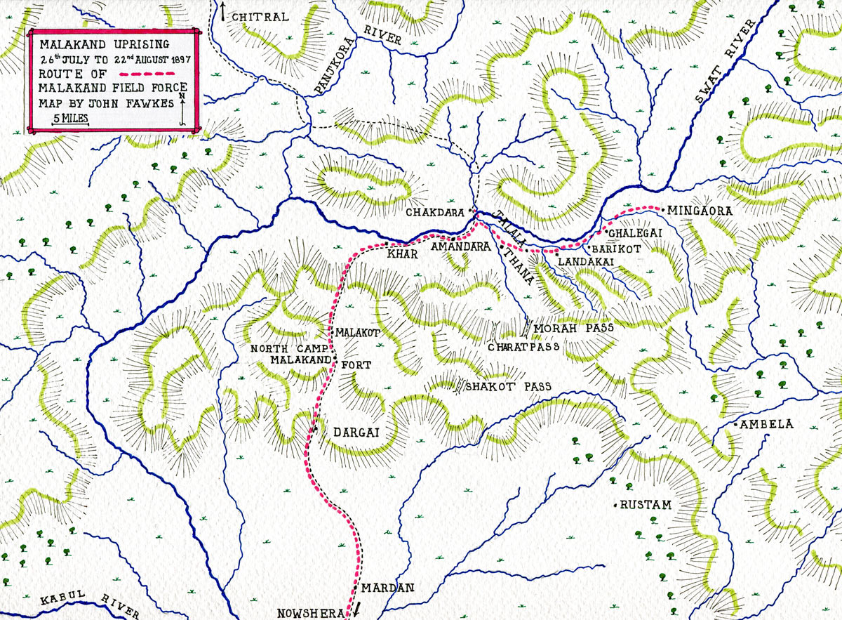 Map of the Malakand Rising, 26th July to 22nd August 1897 on the North-West Frontier of India: map by John Fawkes