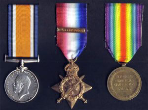 ‘Pip, Squeak and Wilfred’: The 1914 Star (in the centre), the British War Medal and the Victory Medal awarded to Private Conway, 1st Battalion the Cheshire Regiment: Battle of Mons on 23rd August 1914 in the First World War