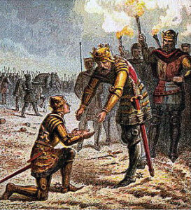 King Edward III greets the Black Prince after the Battle of Creçy on 26th August 1346 in the Hundred Years War