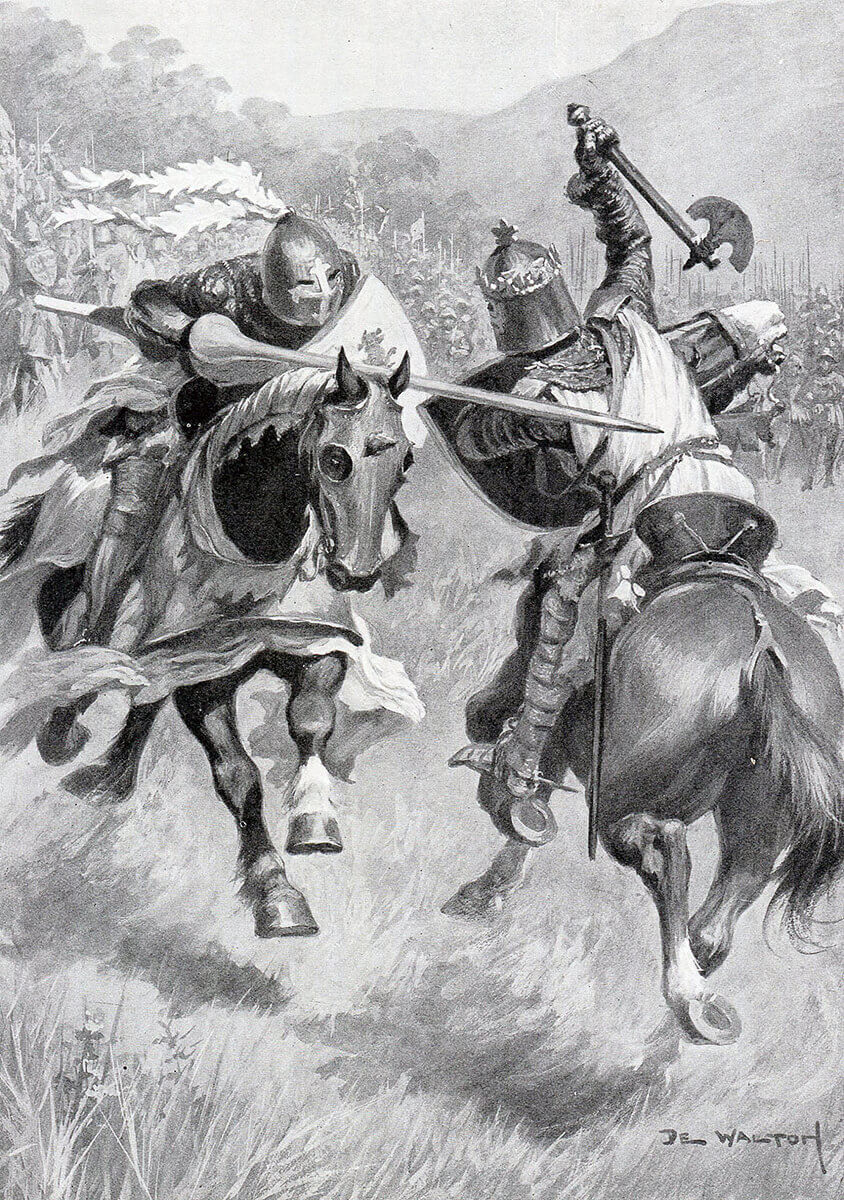 Robert de Bruce strikes and kills Sir Henry de Bohun with his axe in single combat before the Battle of Bannockburn on 23rd June 1314: picture by Ambrose de Walton