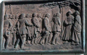 Funeral of John Hampden from his statue in Aylesbury: Hampden was mortally wounded at the Battle of Chalgrove 18th June 1643 in the English Civil War