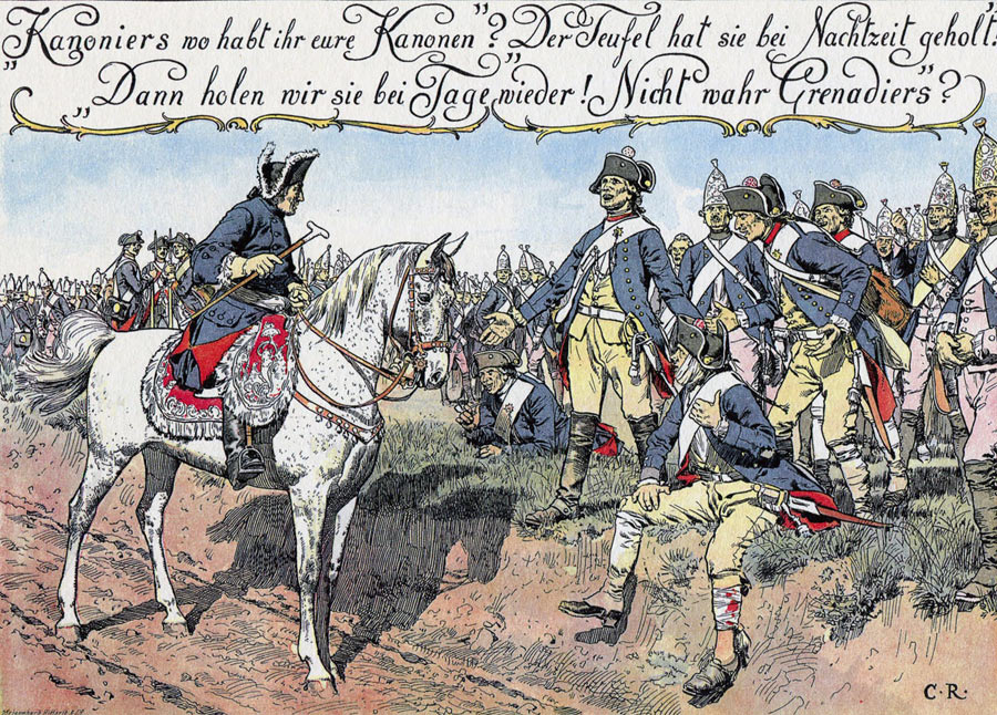 Frederick the Great addresses Prussian gunners after the Battle of Hochkirch 14th October 1758 in the Seven Years War: picture by Carl Röhling