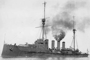 British Cruiser HMS Warrior. Warrior fought at the Battle of Jutland on 31st May 1916 in Admiral Arbuthnot’s 1st Cruiser Squadron. Warrior sank during 1st June 1916 due to damage she had suffered during the battle
