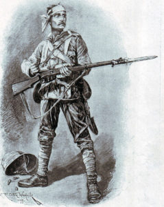 British infantryman in field uniform and equipment: Battle of Talana Hill on 20th October 1899 in the Boer War: picture by Richard Caton Woodville