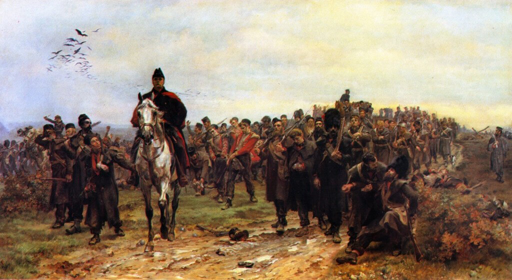 Return from Inkerman by Lady Butler: showing British infantry returning from the Battle of Inkerman on 5th November 1854 in the Crimean War.  To purchase a print of this picture click on the caption.