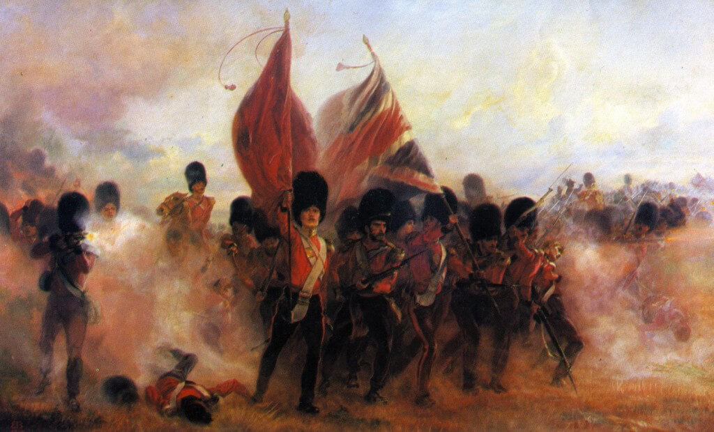 The Colours of the Scots Guards at the Battle of the Alma, Crimean War, 20th September 1854: picture by Lady Butler.  To buy a print of this picture click on this caption.