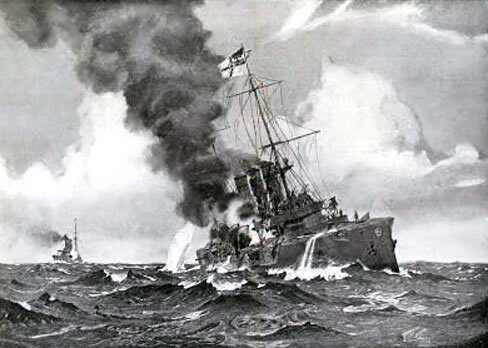 SMS Dresden, German light cruiser at the Battle of the Falkland Islands on 8th December 1914 in the First World War